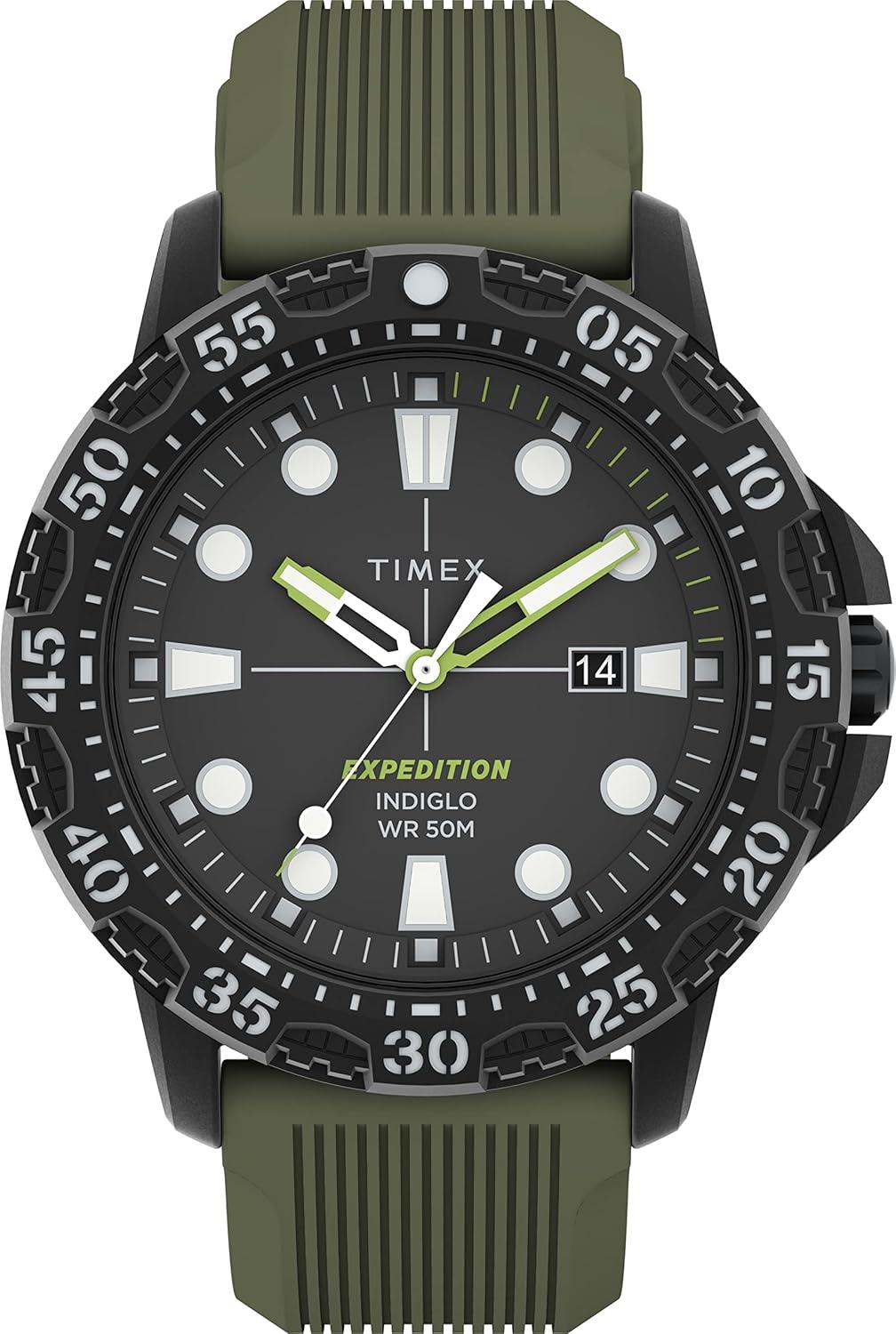 Timex Men's Expedition Gallatin 44mm Watch – Black Case Green Dial with Green Silicone Strap