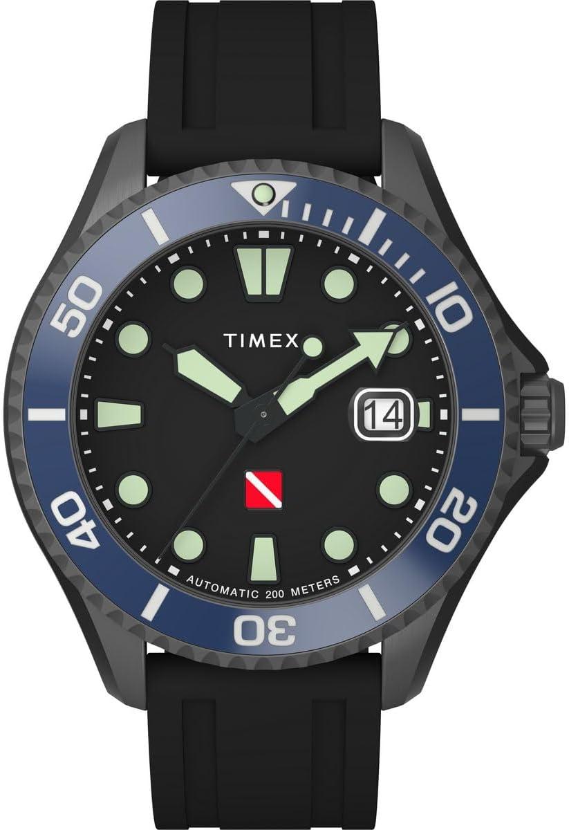 Timex Automatic Men Analogue Watch with Rubber Strap Tiburón, Black, TW2W21100