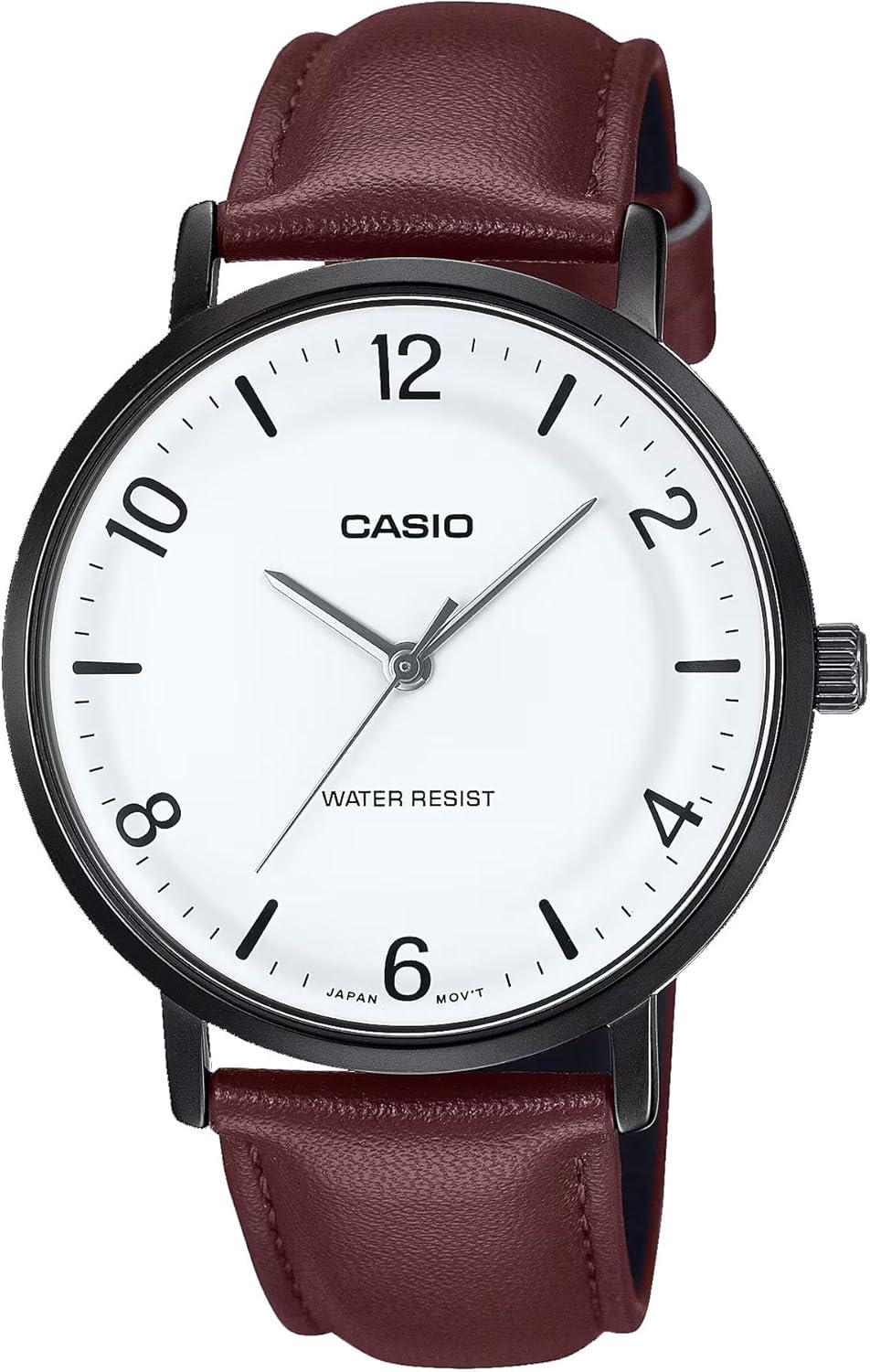 Casio MTP-VT03BL-7B Men's Minimalistic Black IP Brown Leather Band Watch