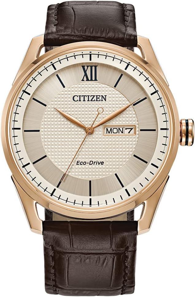 Citizen Men's Classic Eco-Drive Watch with 3-Hand Day and Date, Brown Leather Strap/ Rose Gold