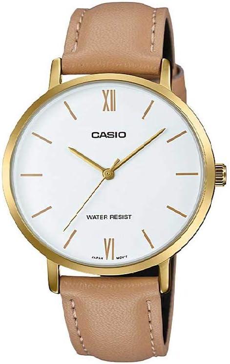 Casio LTP-VT01GL-7B Women's Minimalistic Gold Tone Brown Leather Band White Dial 3-Hand Analog Watch