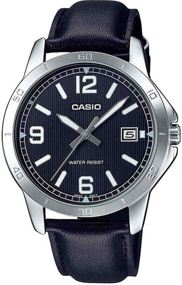 Casio MTP-V004L-1B Men's Stainless Steel Black Leather Band Black Dial Date Watch