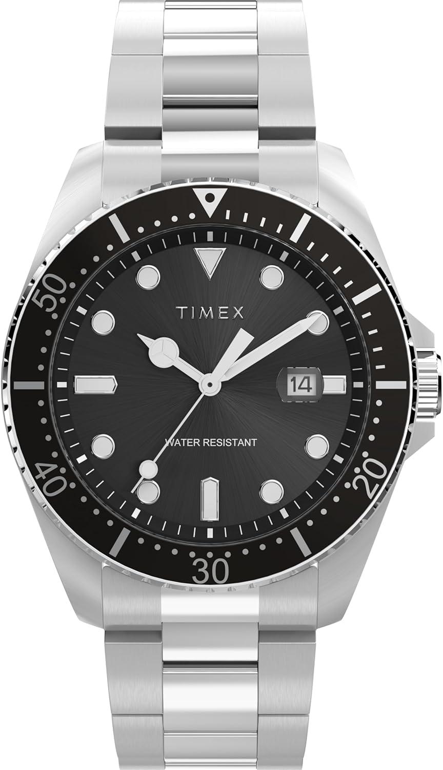 Timex Men's Trend 42 mm Watch, Silver-Tone Stainless Steel Bracelet Black Dial