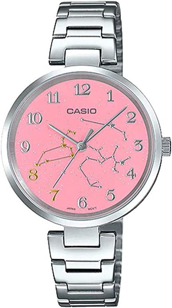 Casio LTP-E02D-4A Women's Stainless Steel Pink Leo Zodiac Motif Dial Analog Watch