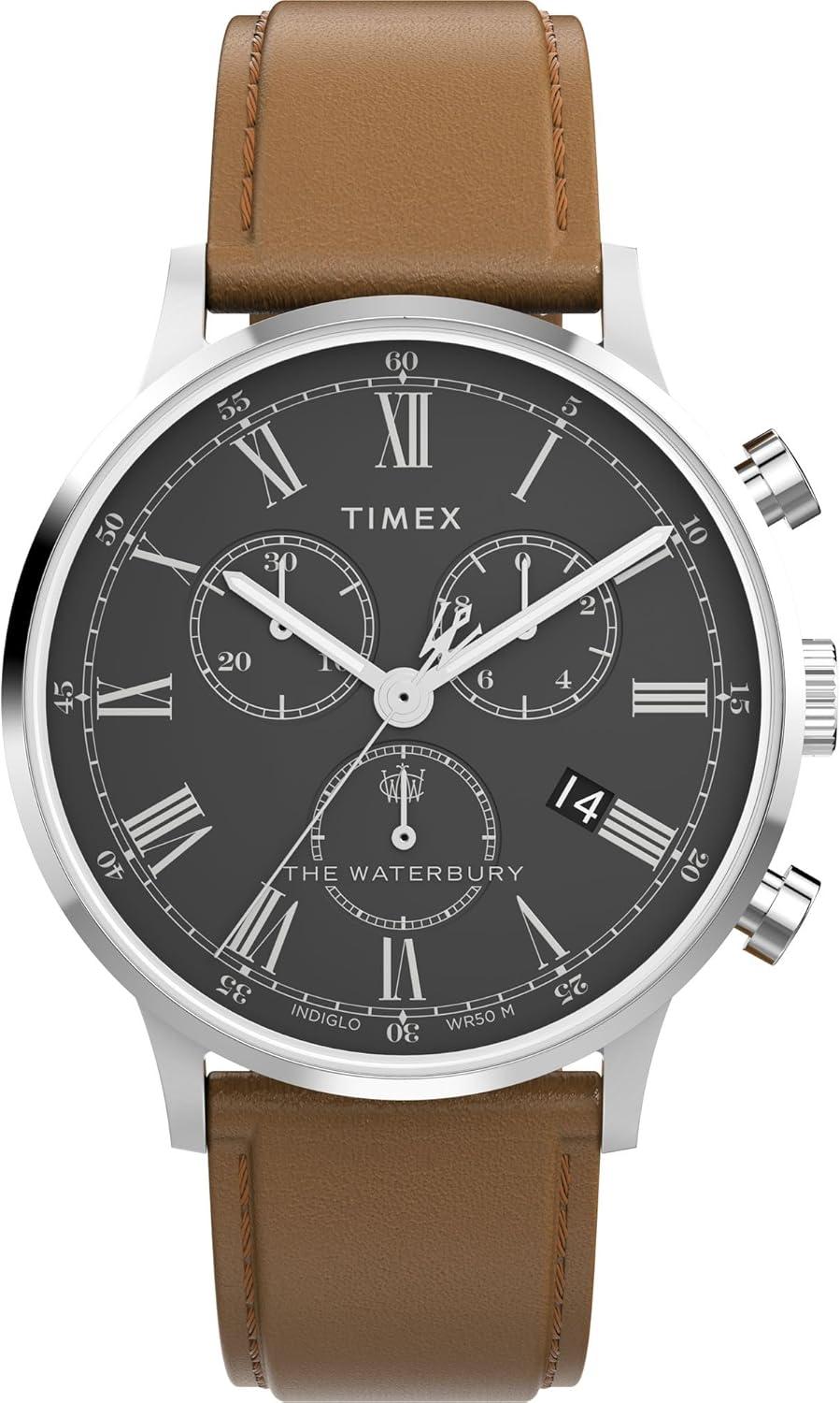 Timex Men's Waterbury Classic 40mm Watch - Brown Strap Black Dial Stainless Steel Case