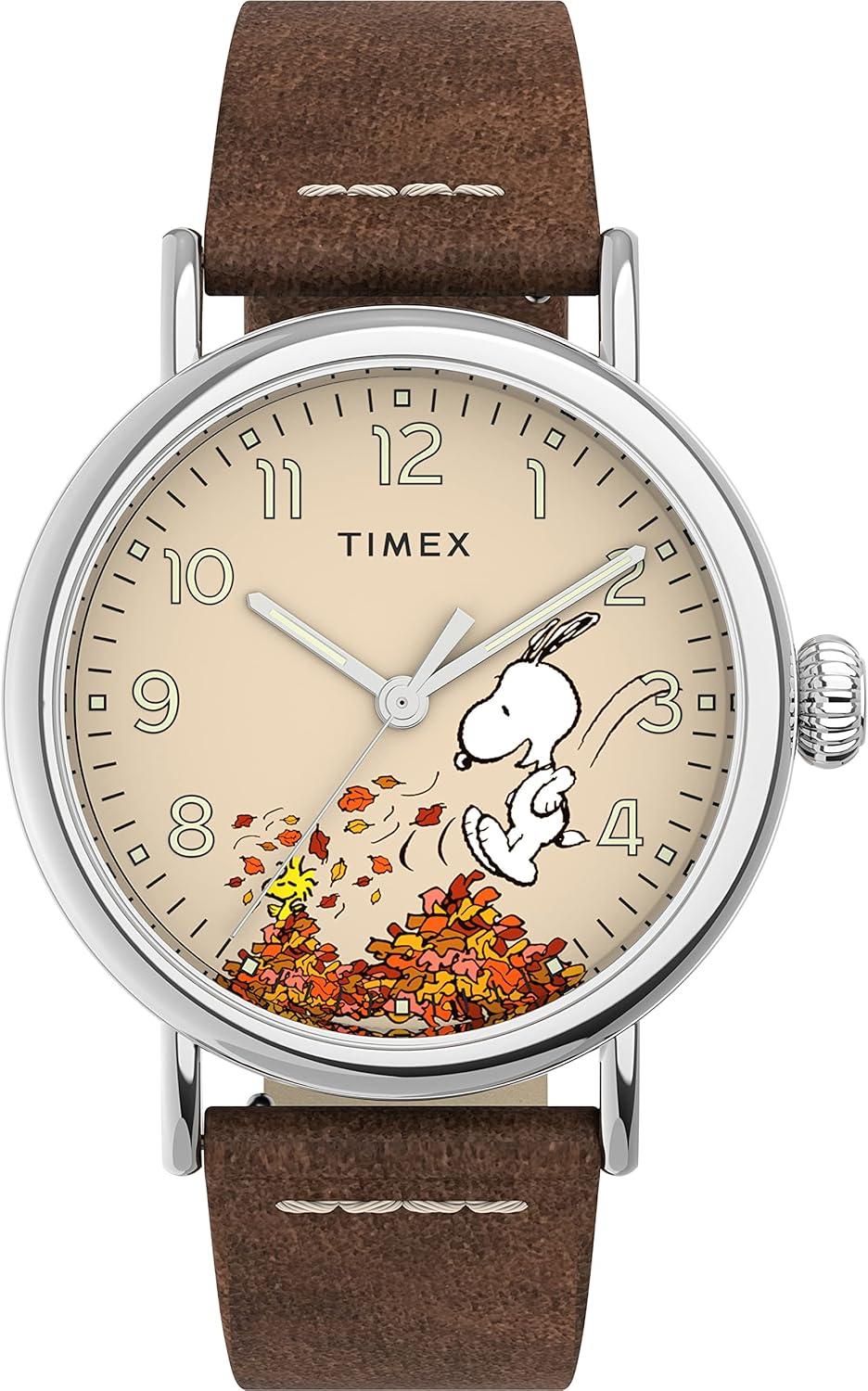 Timex x Peanuts Men's Standard 40mm Watch – Fall Silver-Tone Case Beige Dial with Tan Genuine Leather Strap