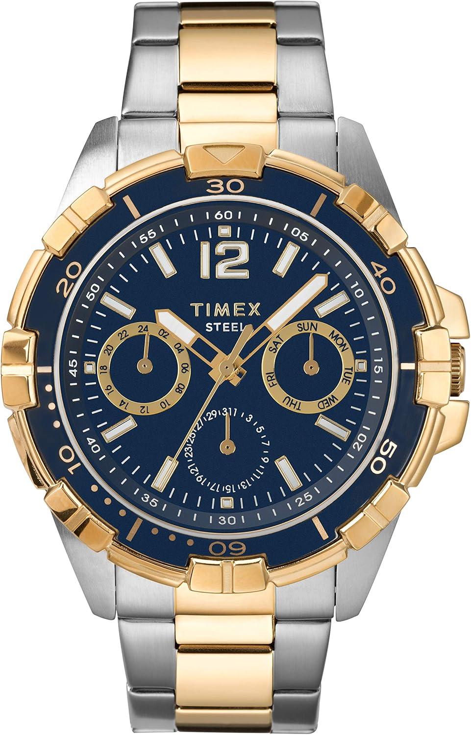 Timex Men's Dress Analog 45mm Stainless Steel Multifunction Bracelet Watch, Two-Tone/Blue