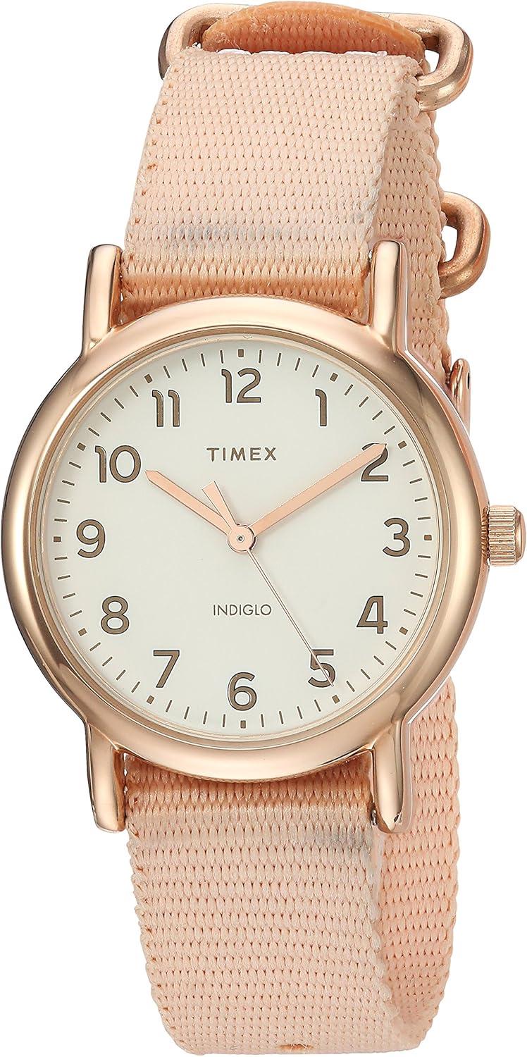 Timex Women's TW2R59900 Weekender 31mm Pink/Rose Gold-Tone Nylon Slip-Thru Strap Watch