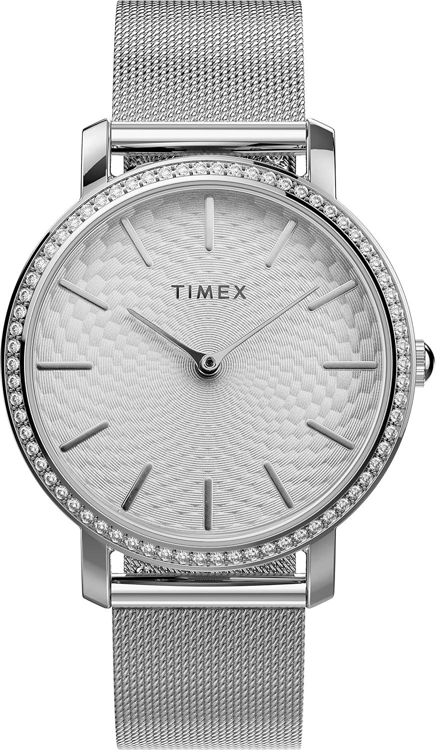 Timex 34 mm Transcend with Crystals 3-Hand Mesh Band Watch Silver