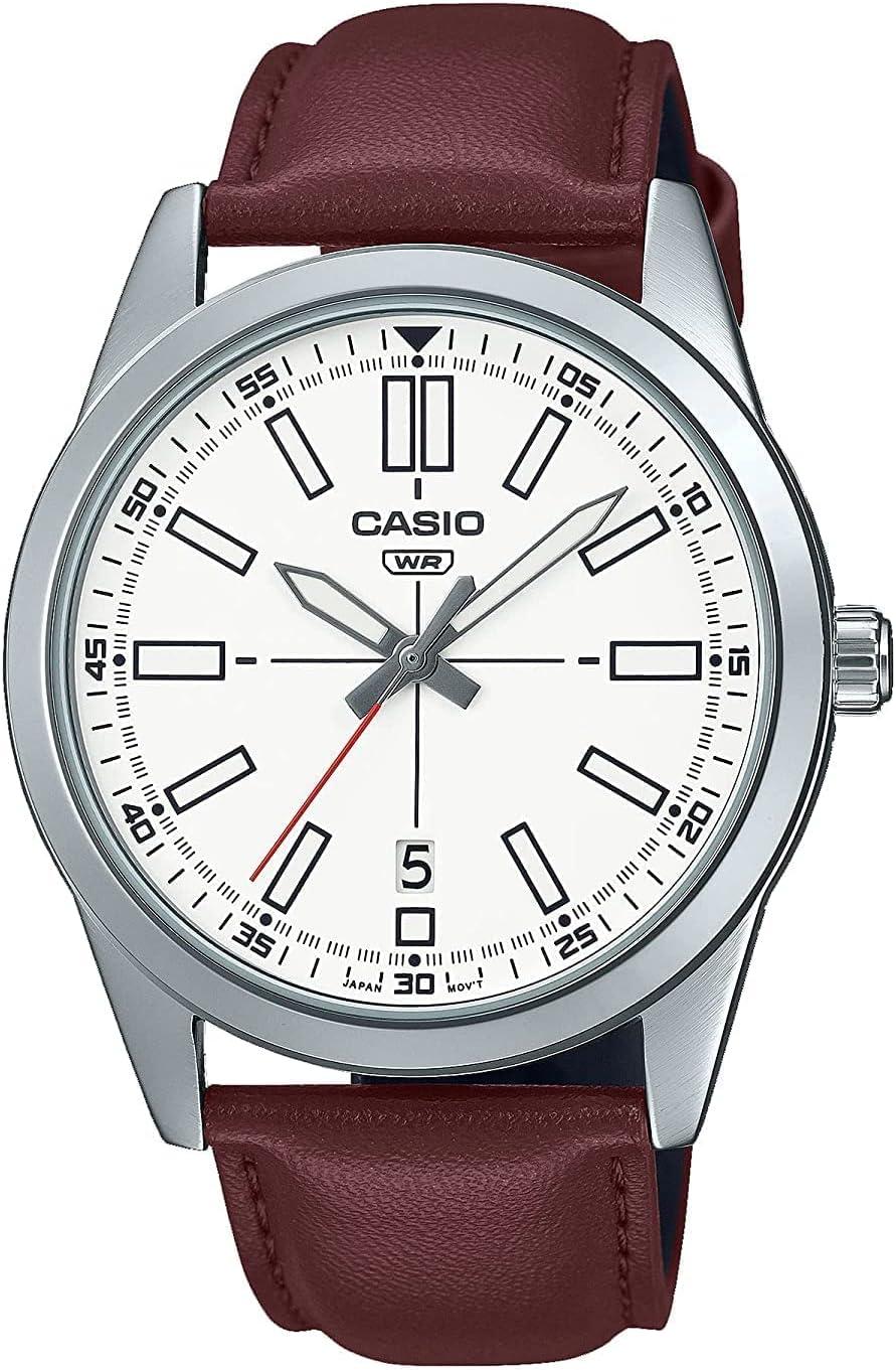 Casio MTP-VD02L-7E Men's Dress Leather Band White Dial 3-Hand Analog Watch