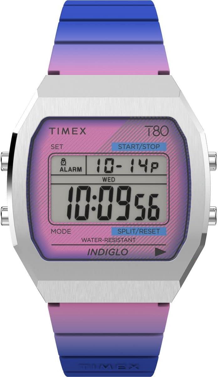 Timex Unisex T80 Steel 36mm Watch - Purple Strap Digital Dial