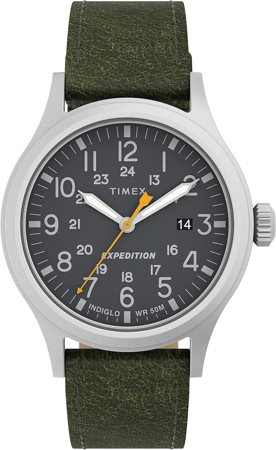 Timex Men's Expedition Scout 40mm Watch – Silver-Tone Case, Black Dial, Green Leather Strap
