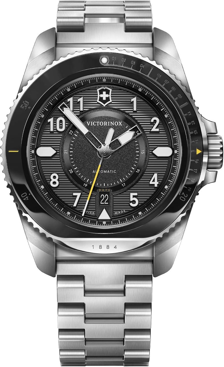 Victorinox Journey 1884 Automatic Watch with Silver Stainless Steel Case, Black Dial, and Silver Stainless Steel Bracelet