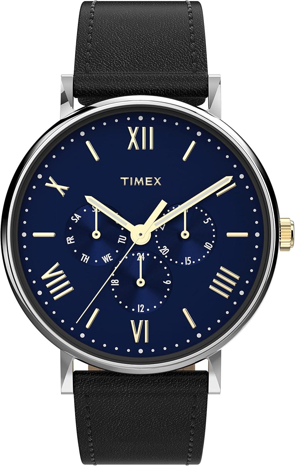 Timex Men's Southview Multifunction 41mm Watch – Silver-Tone Case Blue Dial with Black Genuine Leather Strap