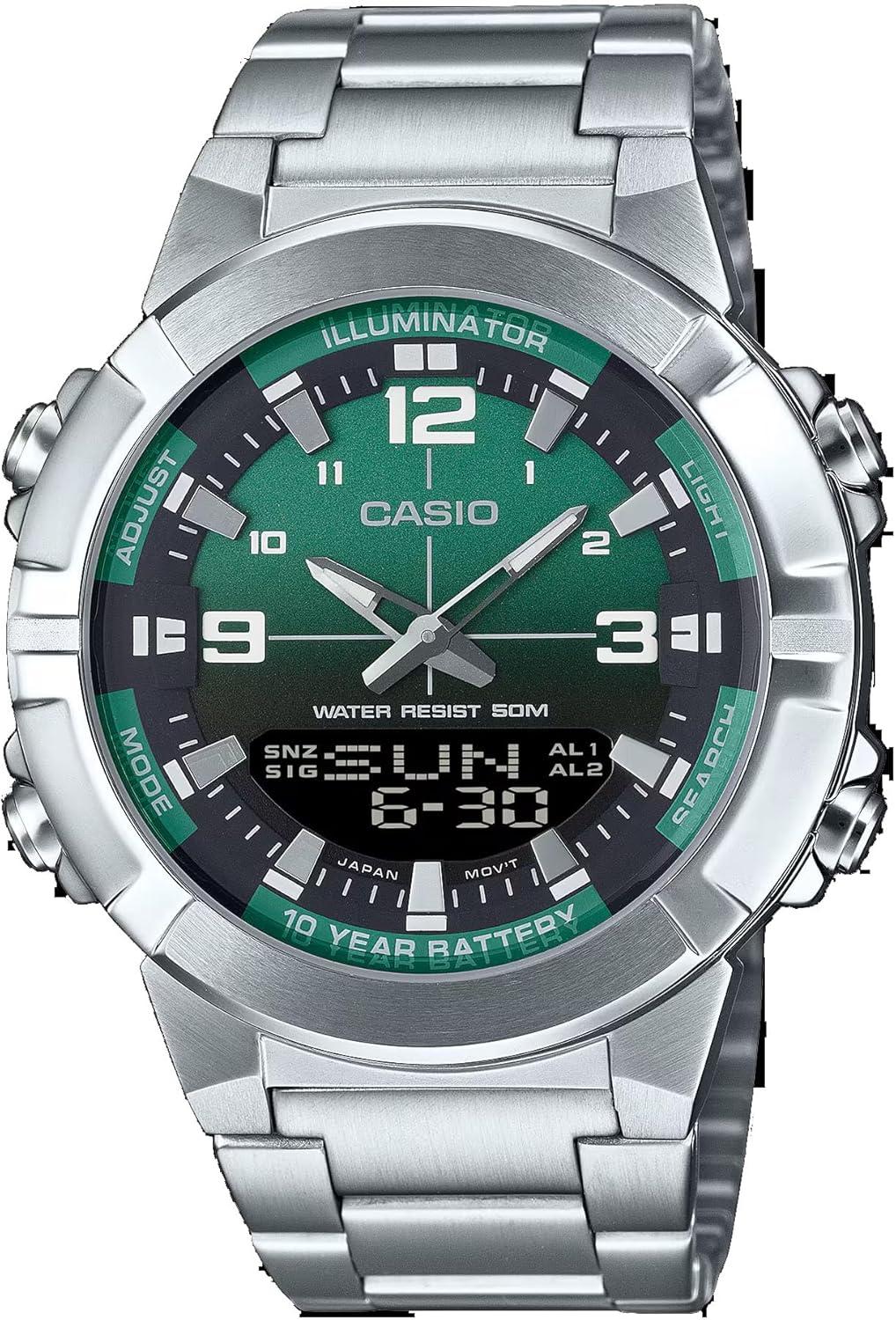 Casio AMW870DA-3AV Men's Stainless Steel Green Dial Analog Digital Dual Time Zone Watch