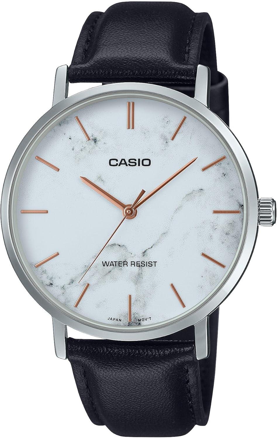 Casio MTP-VT01LM-7A Men's Minimalistic White Marbled Dial Leather Band Watch