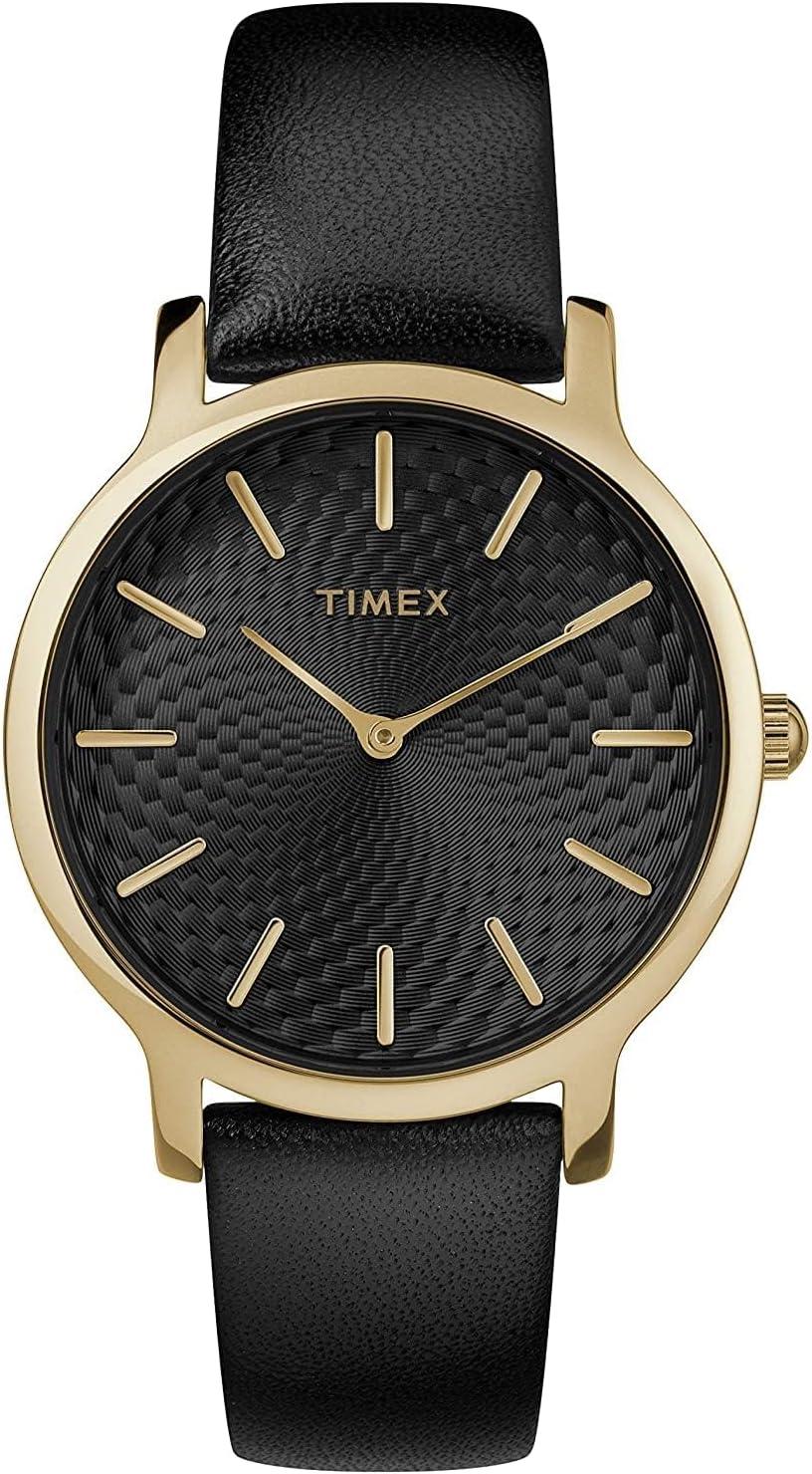 Timex Women's TW2R36400 Metropolitan Skyline Black/Gold-Tone Leather Strap Watch