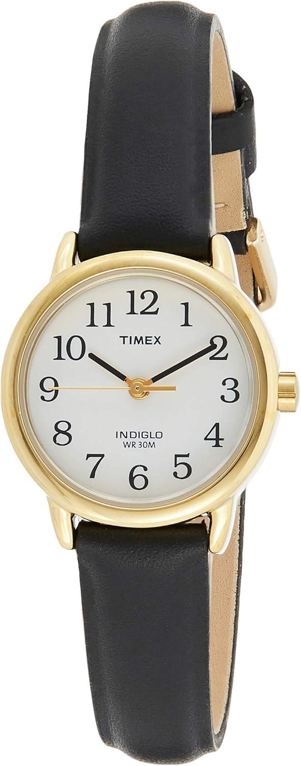 Timex Women's Easy Reader 25mm Watch – Gold-Tone Case White Dial with Black Leather Strap