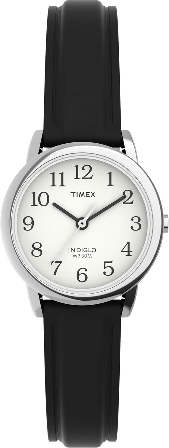 Timex Women's Easy Reader 25mm Watch – Silver-Tone Case White Dial with Black Leather Strap