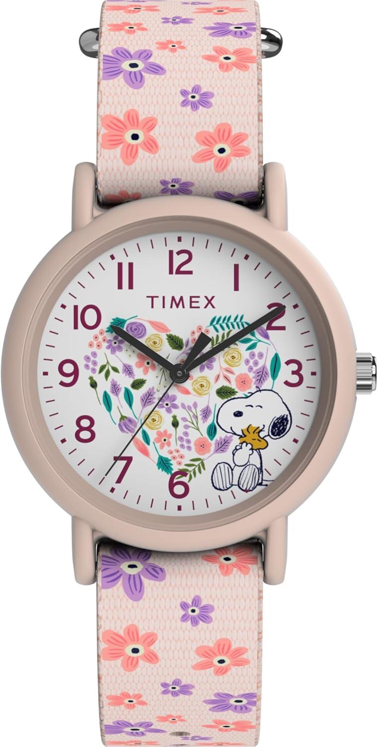 Timex Unisex Peanuts Floral 34mm Watch - Pink Strap White Dial Pink Case