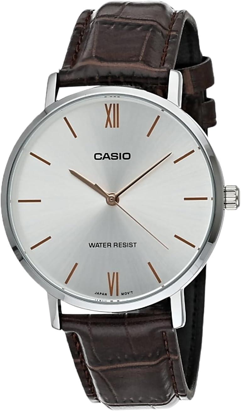 Casio MTP-VT01L-7B2 Men's Minimalistic Silver Dial Brown Leather Band Analog Watch