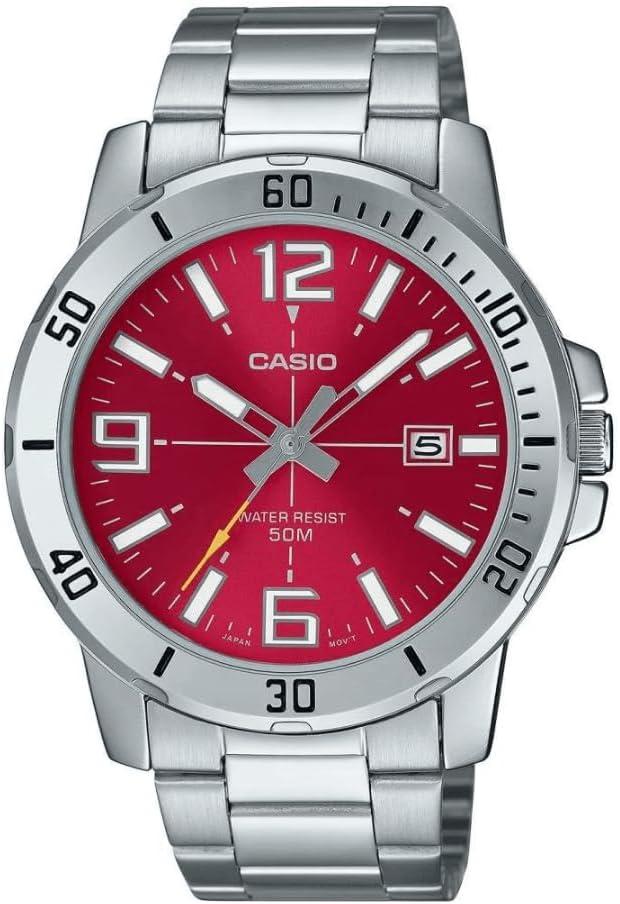 Casio Gents Watch Red Dial Silver Band