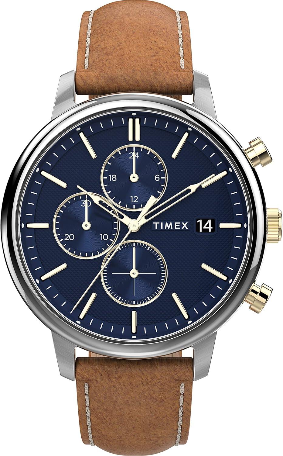Timex Men's Chicago Chronograph 45mm Watch – Blue Dial Two-Tone Case with Brown Leather Strap