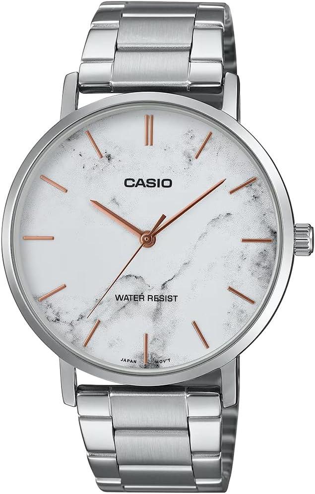 Casio MTP-VT01DM-7A Men's Stainless Steel Minimalistic White Marbled Dial 3-Hand Analog Watch