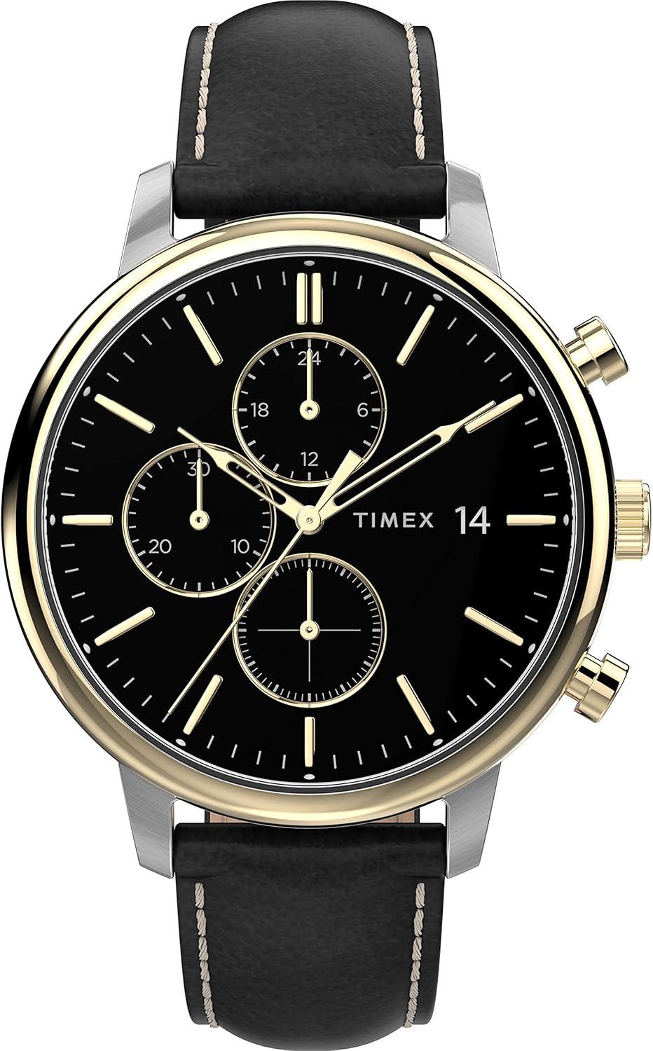 Timex Men's Chicago Chronograph 45mm Watch – Black Dial Two-Tone Case with Black Leather Strap