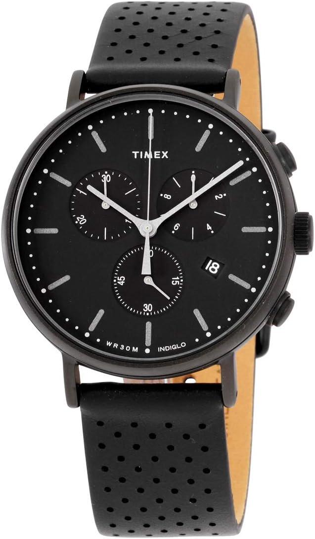 Timex Men's Fairfield Chrono 41mm Watch – All Black with Genuine Leather Strap