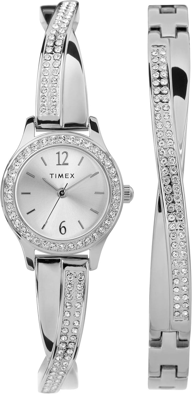 Timex Women's Dress Crystal 23mm Watch & Bracelet Gift Set – Silver-Tone