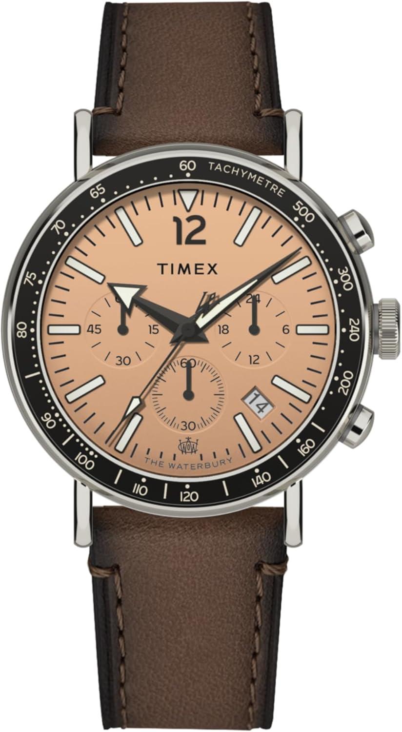 Timex Men's Waterbury Standard 43mm Watch: Brown Strap, Rose Gold Dial