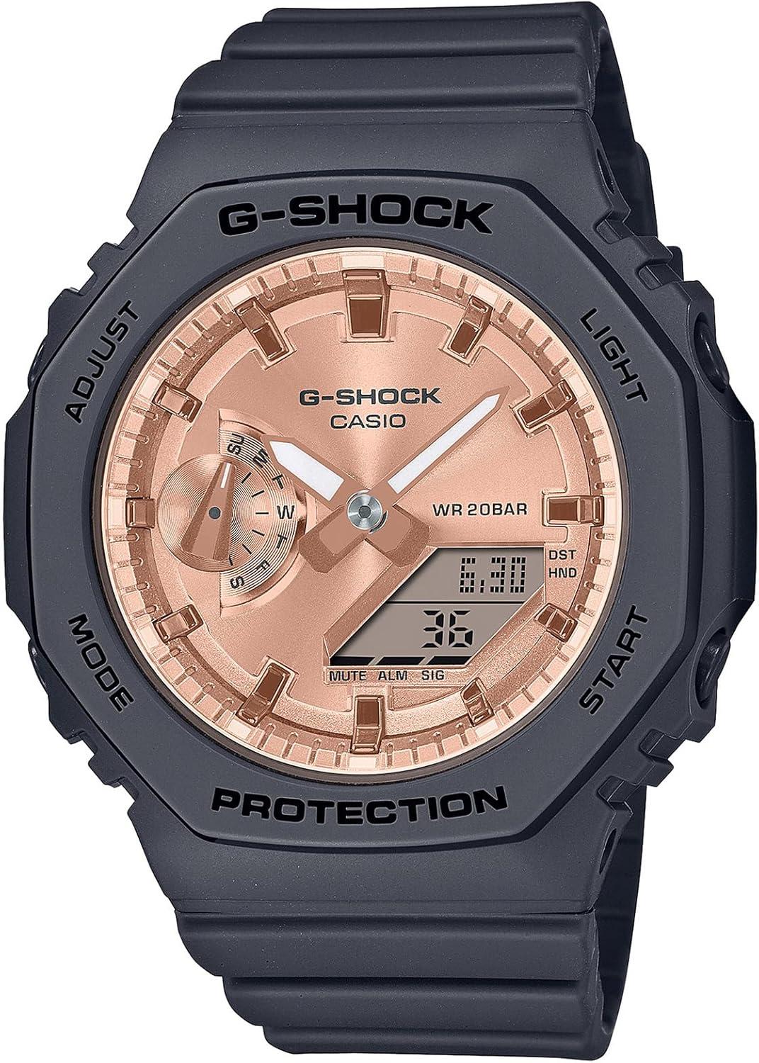 G-Shock Casio Analog-Digital Pink Gold-Tone Dial Black Resin Strap Watch - GMAS2100MD1A