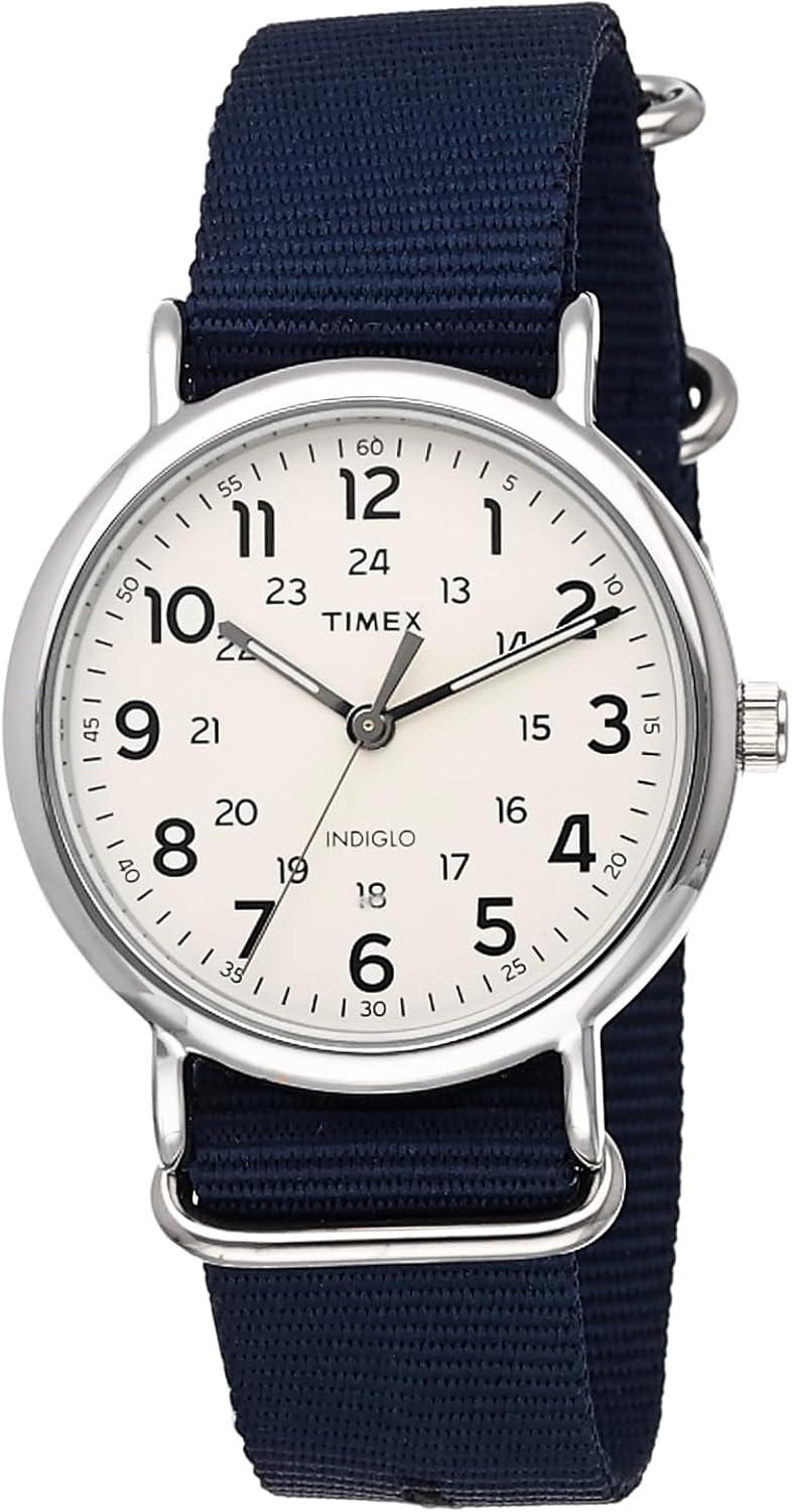 Timex Men's Weekender 40mm Watch – Silver-Tone Case Cream Dial with Blue Fabric Slip-Thru Strap