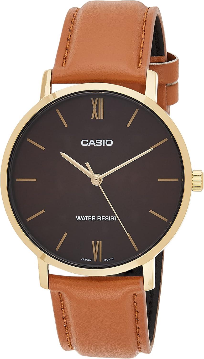 Casio MTP-VT01GL-5B Men's Minimalistic Gold Tone Brown Leather Band Burgundy Dial 3-Hand Analog Watch