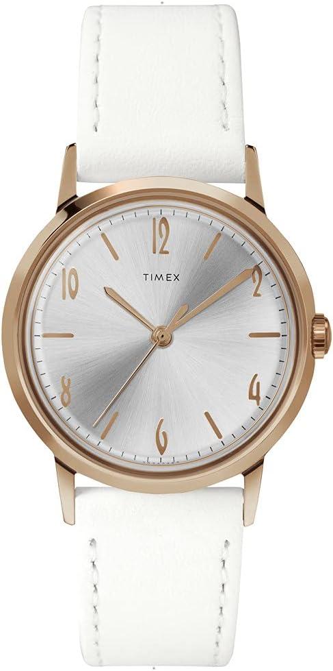 Timex 34 mm Marlin Mechanical Rose Gold Case Silver Dial White Leather Watch