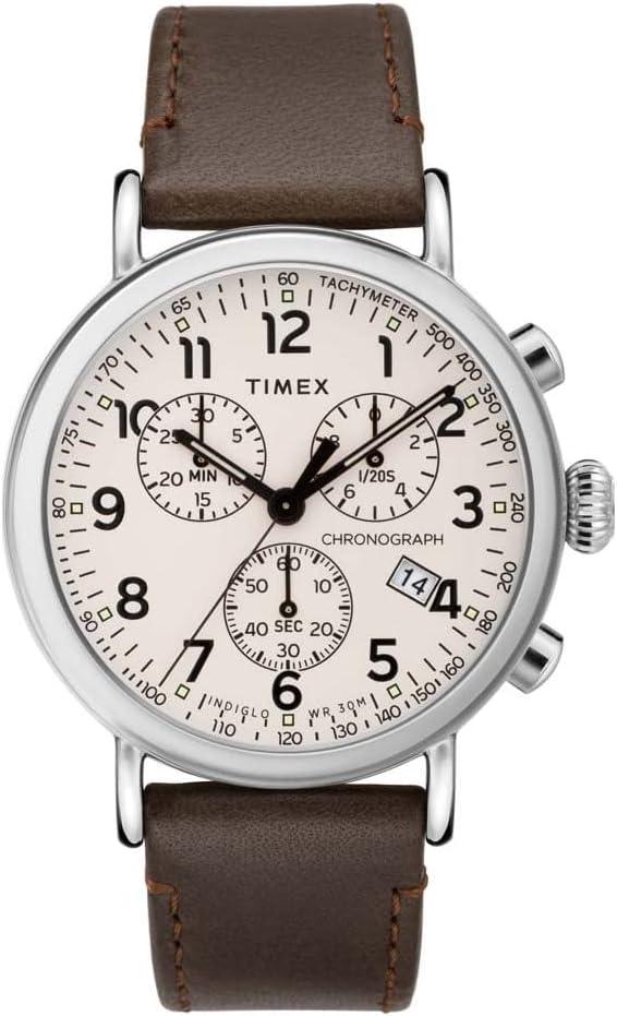 Timex Men's Standard Chronograph 41mm Watch – Silver-Tone Case Cream Dial with Brown Genuine Leather Strap