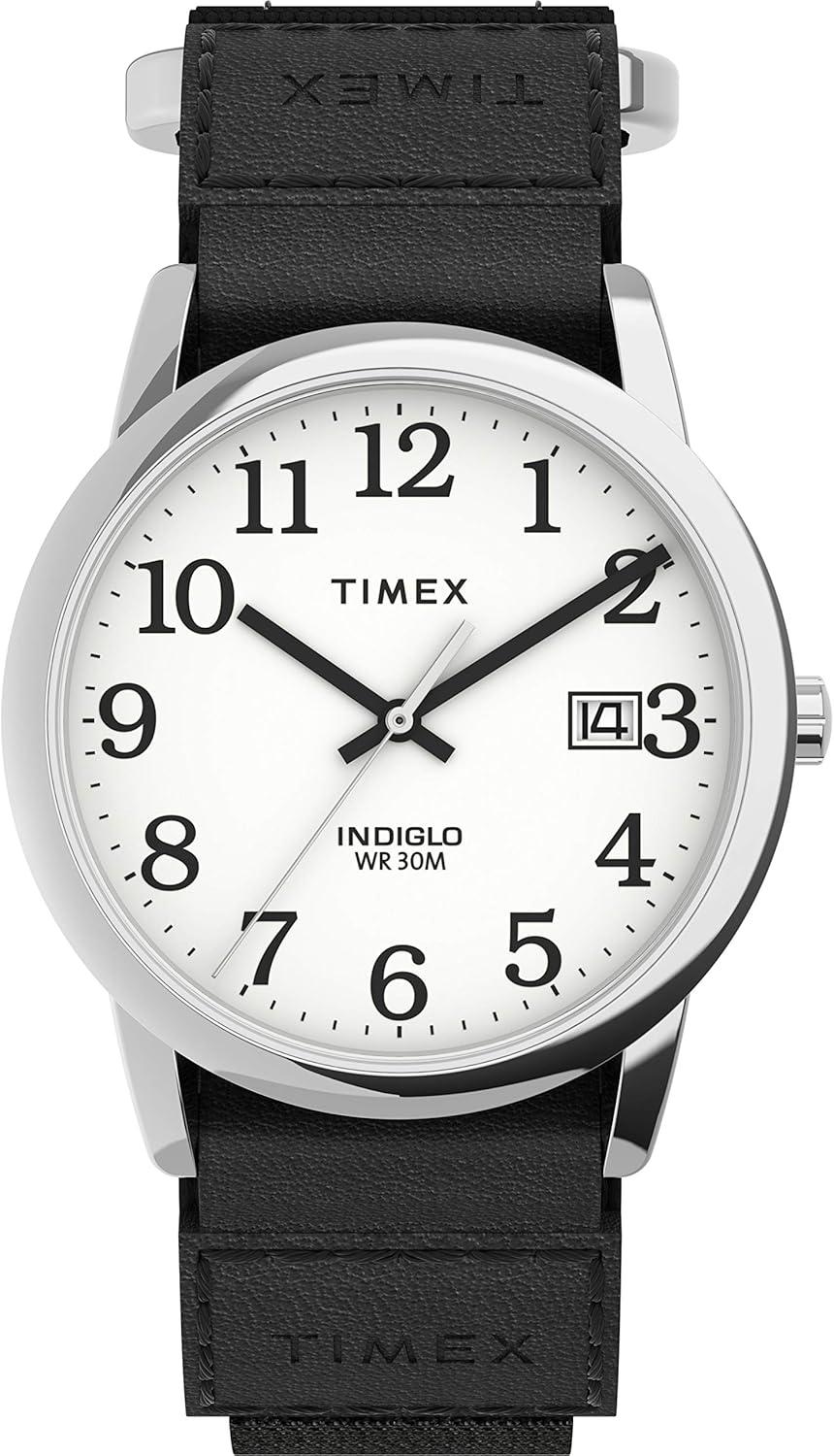 Timex Men's Easy Reader 35mm Watch – Silver-Tone Case White Dial with Black FastWrap Strap