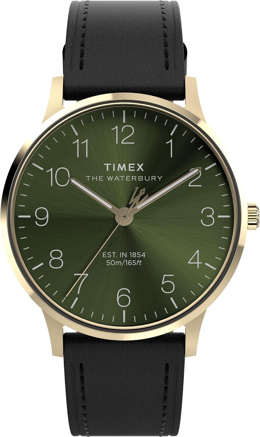 Timex Men's Waterbury Classic 40mm Watch - Brown Strap Green Dial Gold-Tone Case