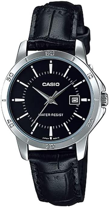 Casio LTP-V004L-1A Women's Silver Tone Leather Band Black Dial Date Dress Watch