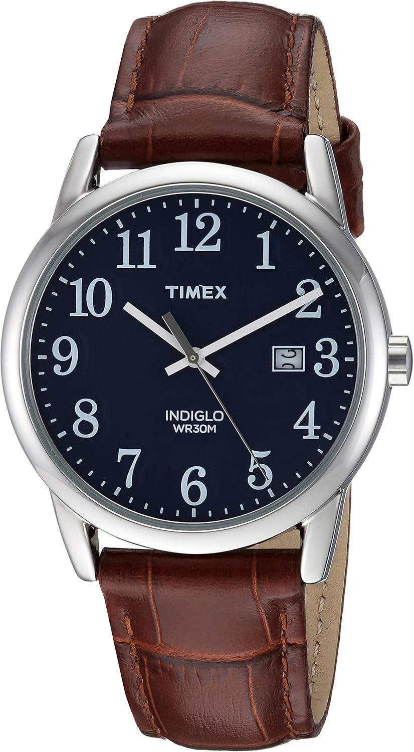 Timex Men's Easy Reader 38mm Watch – Silver-Tone Case Blue Dial with Brown Croco Leather Strap