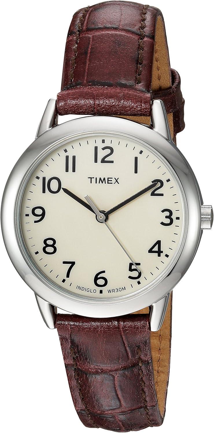 Timex Women's Easy Reader 30mm Watch – Silver-Tone Case Cream Dial with Brown Croco Leather Strap
