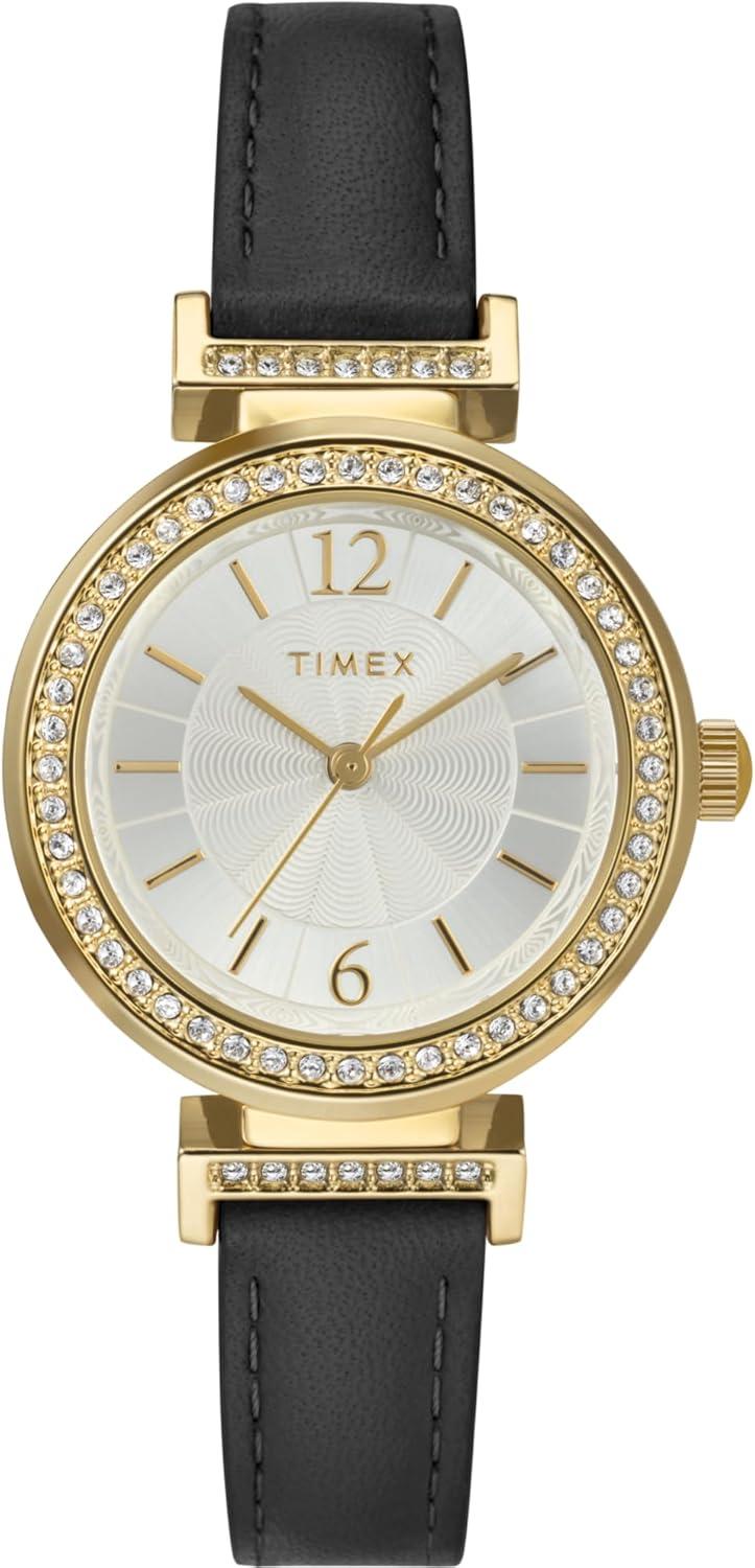 Timex Women's Dress 31mm Watch - Black Strap Silver-Tone Dial Gold-Tone Case