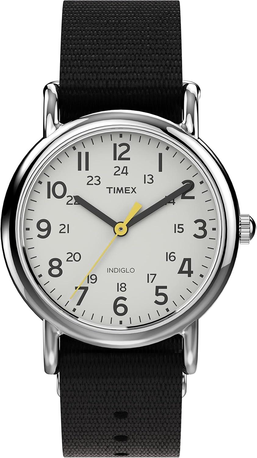 Timex Women's Weekender 31mm Watch – Silver-Tone Case White Dial with Black Fabric Strap