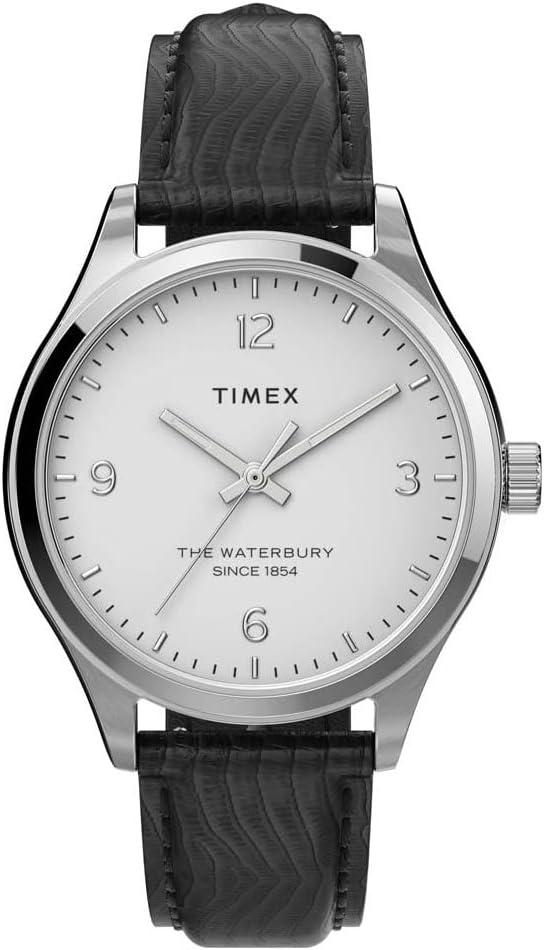 Timex Women's Waterbury Traditional 34mm Watch – Silver-Tone Case White Dial with Black Leather Strap