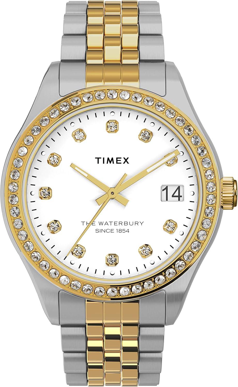 Timex Women's Waterbury Legacy 34mm Watch – White Dial Two-Tone Stainless Steel Bracelet with Crystals