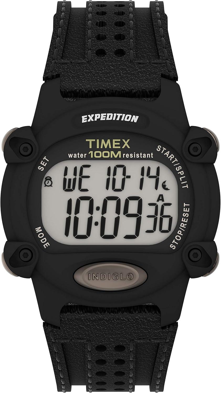 Timex Men's Expedition Digital CAT 39mm Watch – Black Case with Black Fabric & Leather Strap