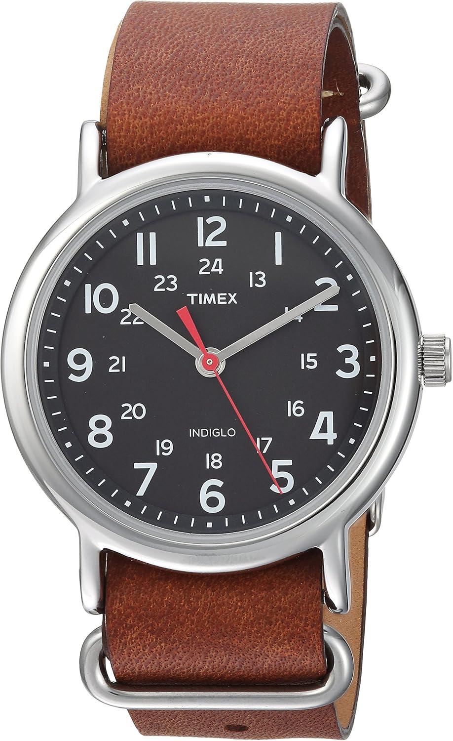 Timex Unisex Weekender 38mm Watch – Silver-Tone Case Black Dial with Brown Leather Strap