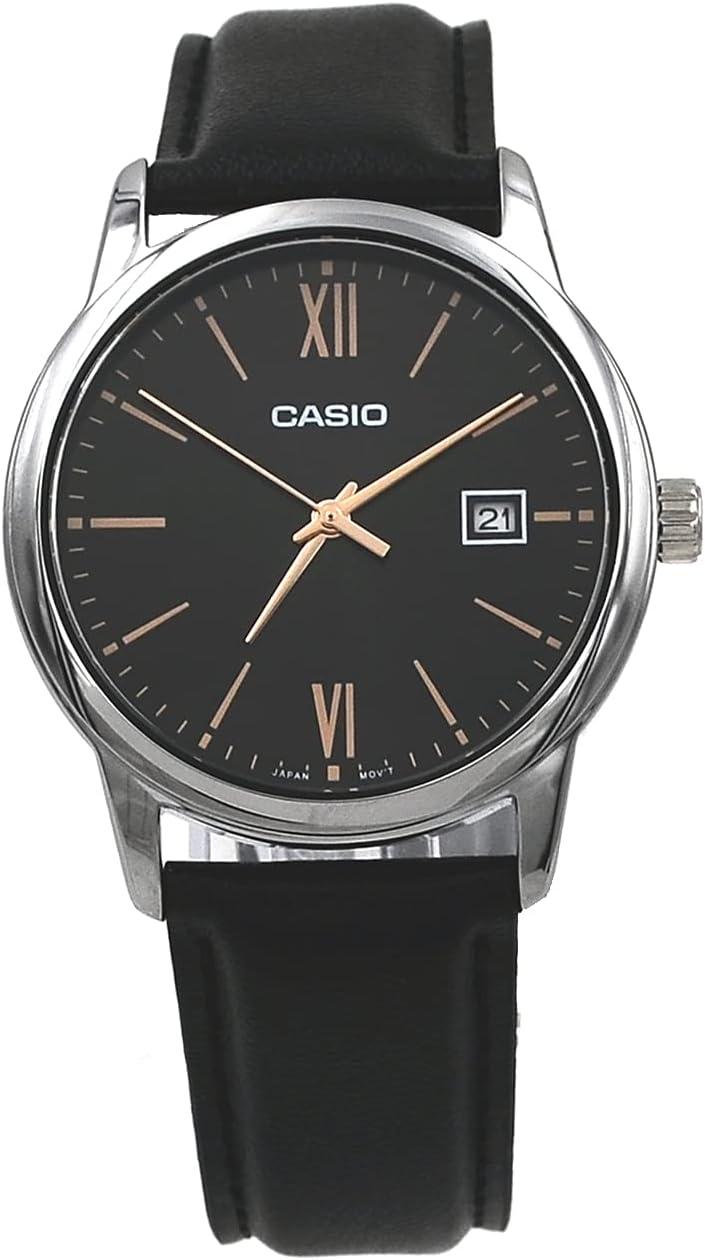Casio MTP-V002L-1B3 Men's Standard Dress Analog Black Leather Band Silver Dial Date Watch