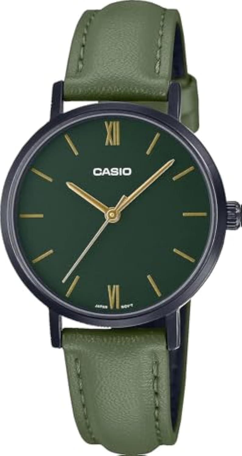 Casio LTP-VT02BL-3A Women's Minimalistic Black IP Green Dial Leather Band Watch